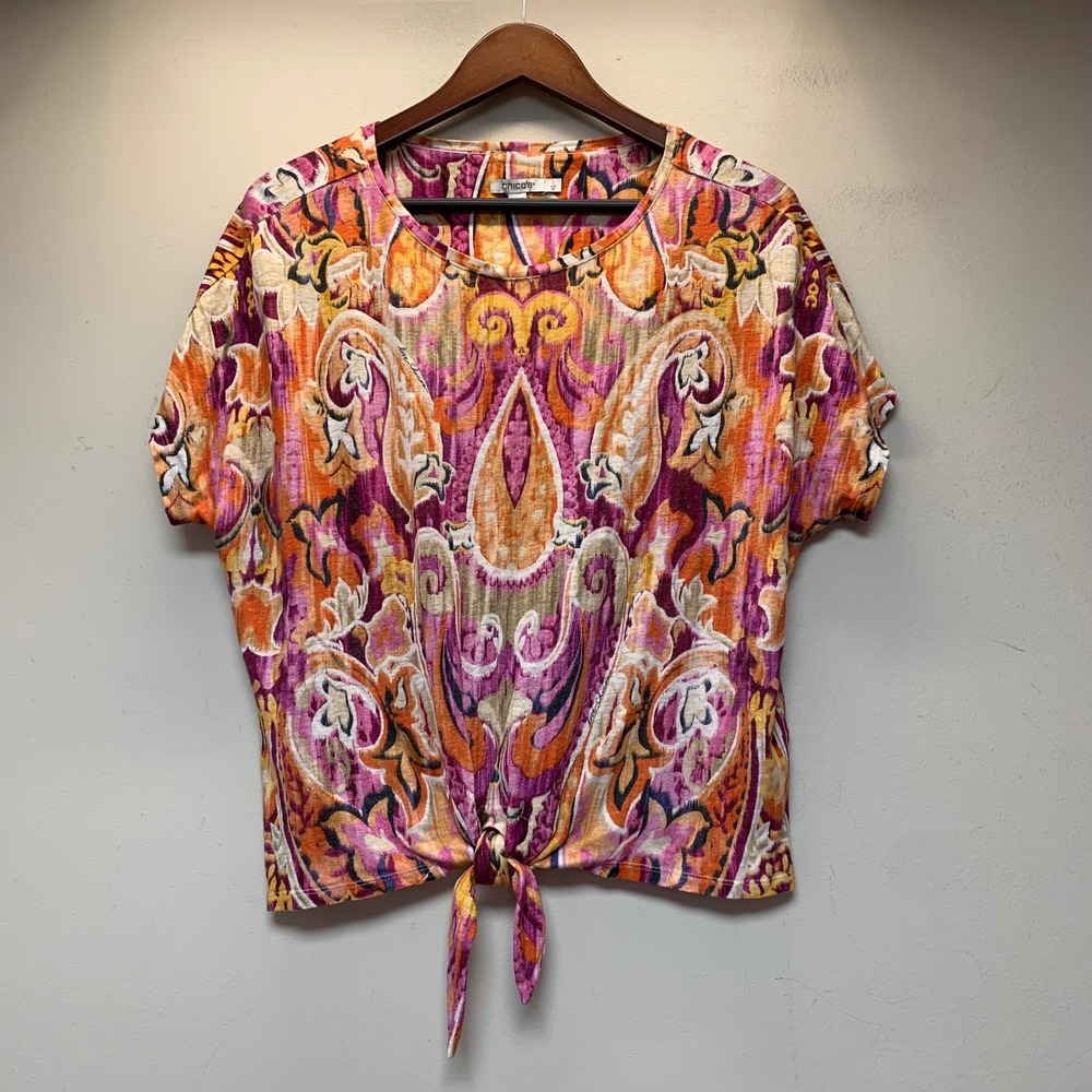 Chico's Paisley Linen Top Womens 1 M Orange Pink Excellent Tie Front Short Sleev